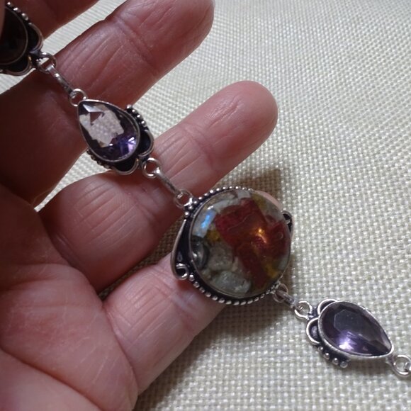 Gorgeous OYSTER TURQUOISE & AMETHYST Handmade Sterling Bracelet Size 7 3/4" 968B - Picture 3 of 3